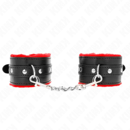 KINK - APPUI-POIGNETS DOUBLÉS DE FOURRURE PREMIUM ROUGE AVEC CEINTURE NOIRE RÉGLABLE 17-29 CM X 6 CM