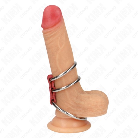 KINK - ANNEAU PÉNIS TRIPLE MÉTAL 3,7 CM À 5 CM CONNECTÉ AVEC DU CUIR ROUGE