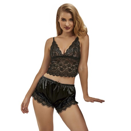 SUBBLIME - 953942 CHEMISE DE NUIT DÉCONTRACTÉE EN SOIE + PANTALON EN DENTELLE NOIR L/XL