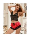 SUBBLIME - 953966 CHEMISE DE NUIT DÉCONTRACTÉE EN SOIE + PANTALON EN DENTELLE NOIR/ROUGE L/XL