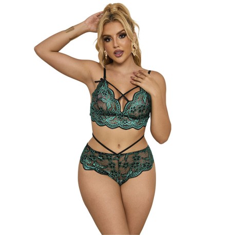 SUBBLIME - 954093 SOUTIEN-GORGE + CULOTTE DENTELLE VERT L/XL