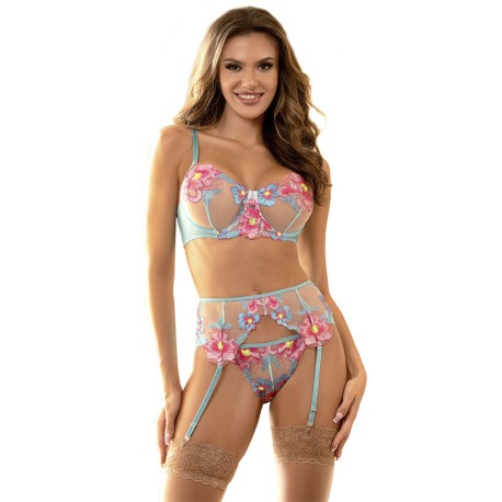 SUBBLIME - 954116 SOUTIEN-GORGE + CULOTTE AVEC PORTE-JARRETELLES MOTIF FLORAL BLEU L/XL