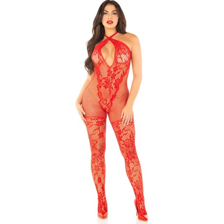 LEG AVENUE - BODYSTOCKING EN MAILLE IMPRIMÉ FLEURI ROUGE TAILLE UNIQUE