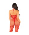 LEG AVENUE - BODYSTOCKING EN MAILLE IMPRIMÉ FLEURI ROUGE TAILLE UNIQUE