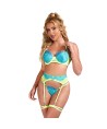 SUBBLIME - 955311 ENSEMBLE SOUTIEN-GORGE AVEC LIGNES DENTELLE ET JARRETELLE VERT ET BLEU S/M