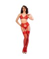 CHILIROSE - CR 4848 SET SUJETADOR + TANGA + MEDIAS DE ENCAJE ROJO S