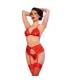 CHILIROSE - CR 4848 SET SUJETADOR + TANGA + MEDIAS DE ENCAJE ROJO S