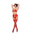 CHILIROSE - CR 4848 SET SUJETADOR + TANGA + MEDIAS DE ENCAJE ROJO S